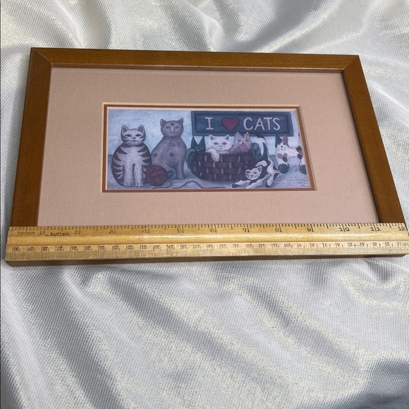 Vintage 90s Folk Art Style Cat Art Print I Love Cats Tan Brown Real Wood Frame - Picture 5 of 6